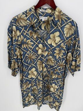 Pierre Cardin Blue Floral Hawaiian Camp Shirt médium 100% rayón